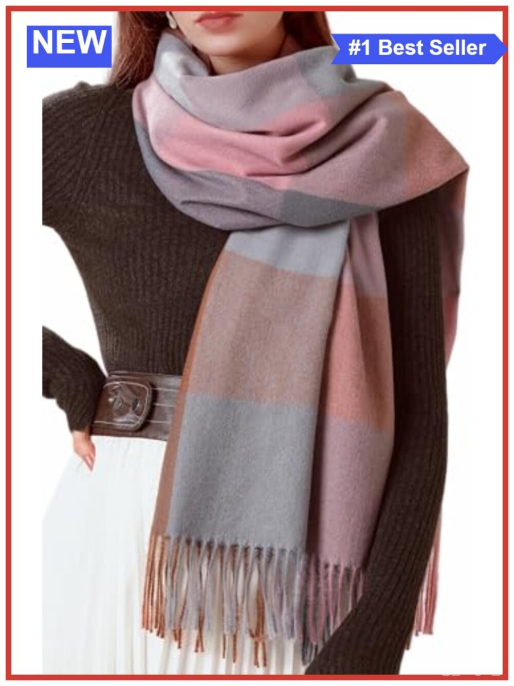 Warm Plaid Blanket Scarf Oversized Winter Wrap with Fringe